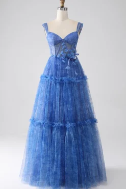 Azul Impresso Uma Linha Tulle Corset Prom Dress
