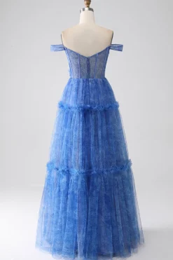 Azul Impresso Uma Linha Tulle Corset Prom Dress