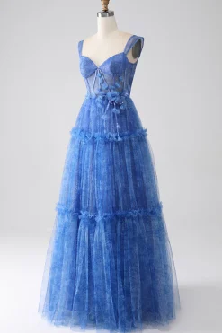 Azul Impresso Uma Linha Tulle Corset Prom Dress