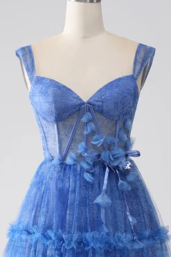 Azul Impresso Uma Linha Tulle Corset Prom Dress