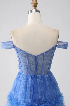Azul Impresso Uma Linha Tulle Corset Prom Dress