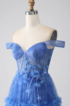 Azul Impresso Uma Linha Tulle Corset Prom Dress