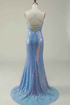 Azul Lantejoulas Espaghetti Correias Sereia Vestido Cerimónia