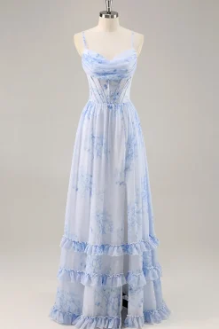 Azul Linha-A Chiffon Longos Vestido Para Casamento Convidada com Fenda