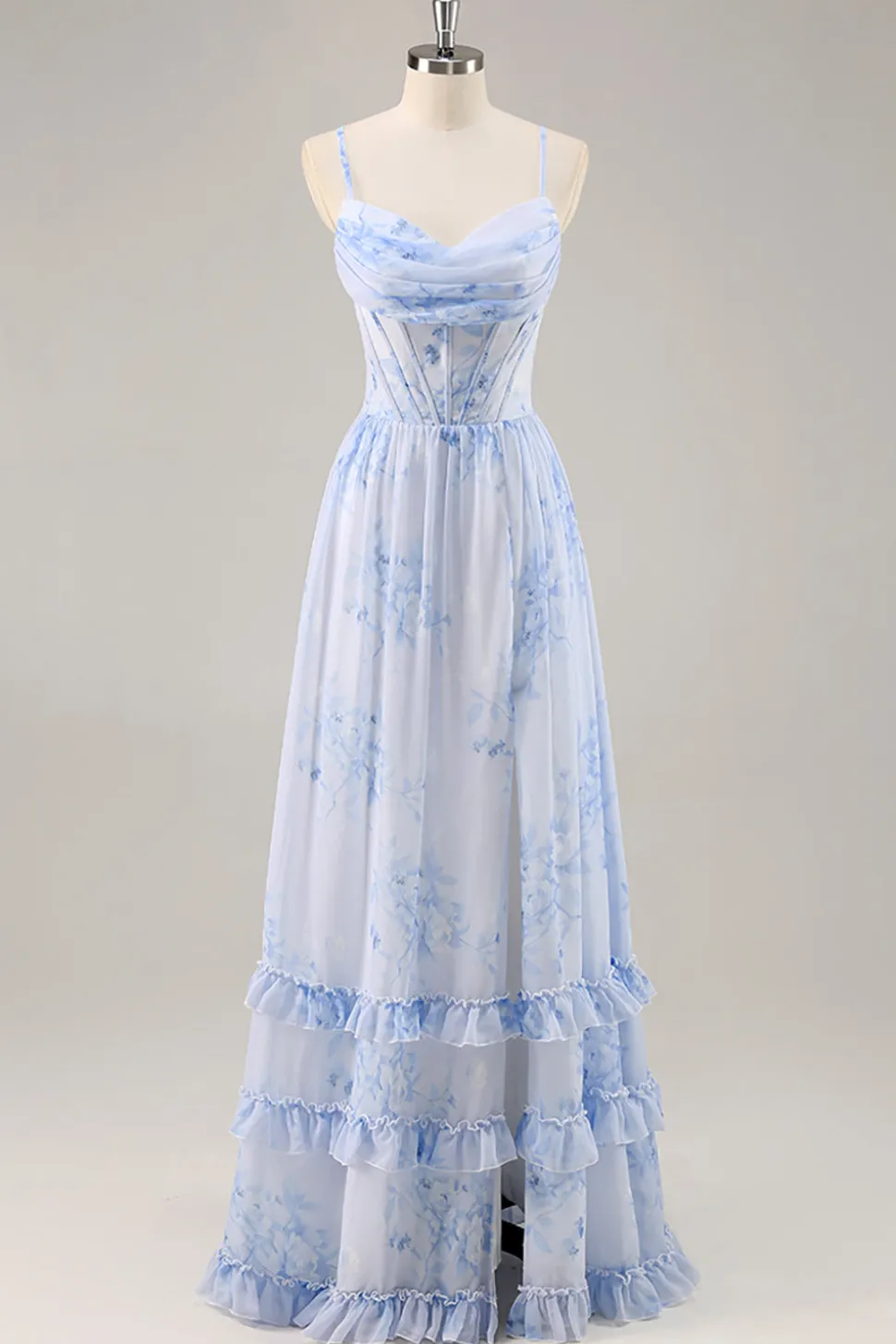 Azul Linha-A Chiffon Longos Vestido Para Casamento Convidada com Fenda