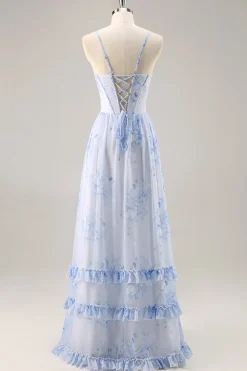 Azul Linha-A Chiffon Longos Vestido Para Casamento Convidada com Fenda
