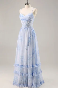 Azul Linha-A Chiffon Longos Vestido Para Casamento Convidada com Fenda