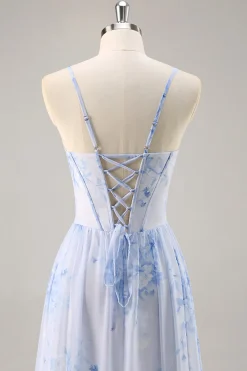 Azul Linha-A Chiffon Longos Vestido Para Casamento Convidada com Fenda