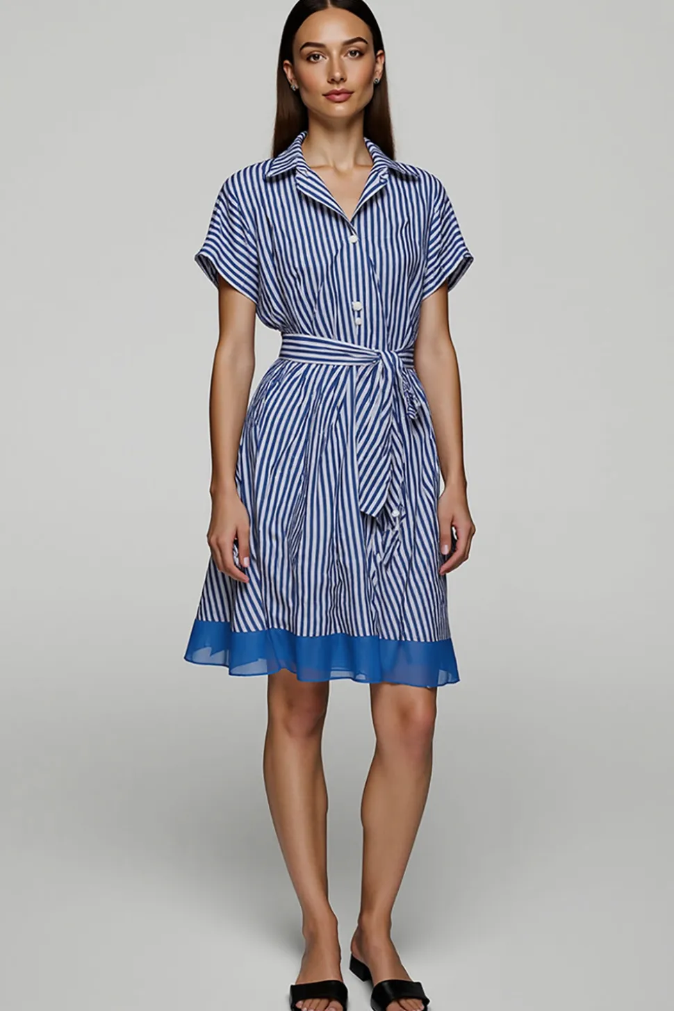 Azul Linha-A Chiffon Mangas Curtas Mini Vestido Trabalho