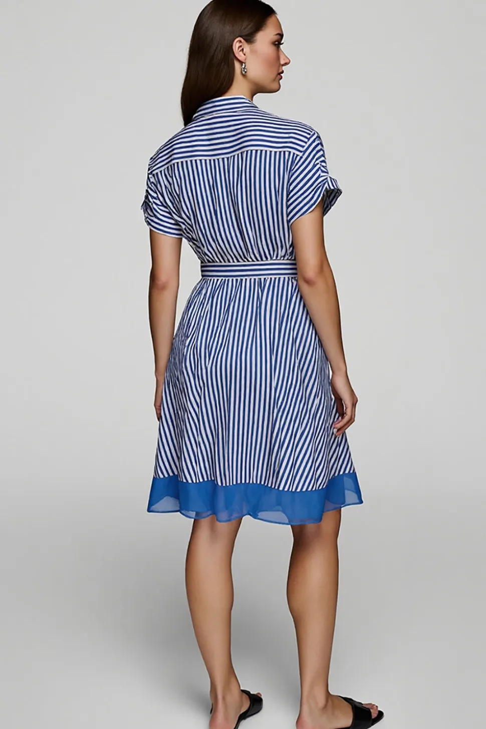 Azul Linha-A Chiffon Mangas Curtas Mini Vestido Trabalho