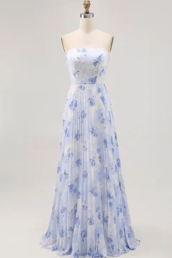 Azul Linha-A Direto Flores Chiffon Longos Vestido Para Casamento Convidada