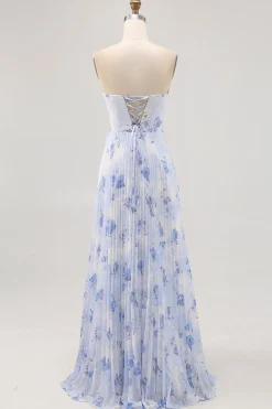 Azul Linha-A Direto Flores Chiffon Longos Vestido Para Casamento Convidada