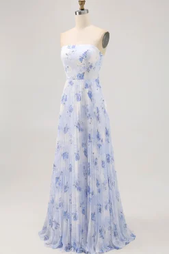 Azul Linha-A Direto Flores Chiffon Longos Vestido Para Casamento Convidada