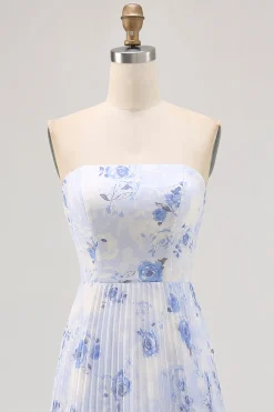Azul Linha-A Direto Flores Chiffon Longos Vestido Para Casamento Convidada
