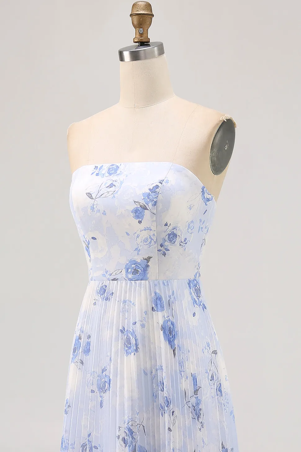 Azul Linha-A Direto Flores Chiffon Longos Vestido Para Casamento Convidada