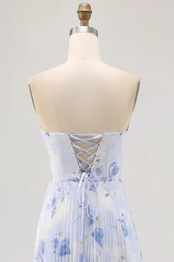 Azul Linha-A Direto Flores Chiffon Longos Vestido Para Casamento Convidada