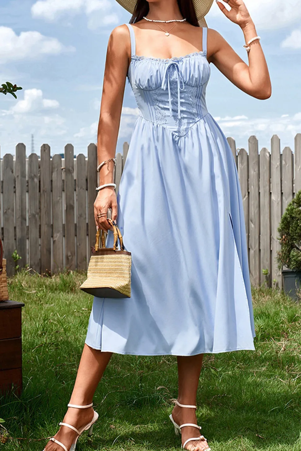 Azul Linha-A Espartilho Midi Vestido de Verão com Fenda