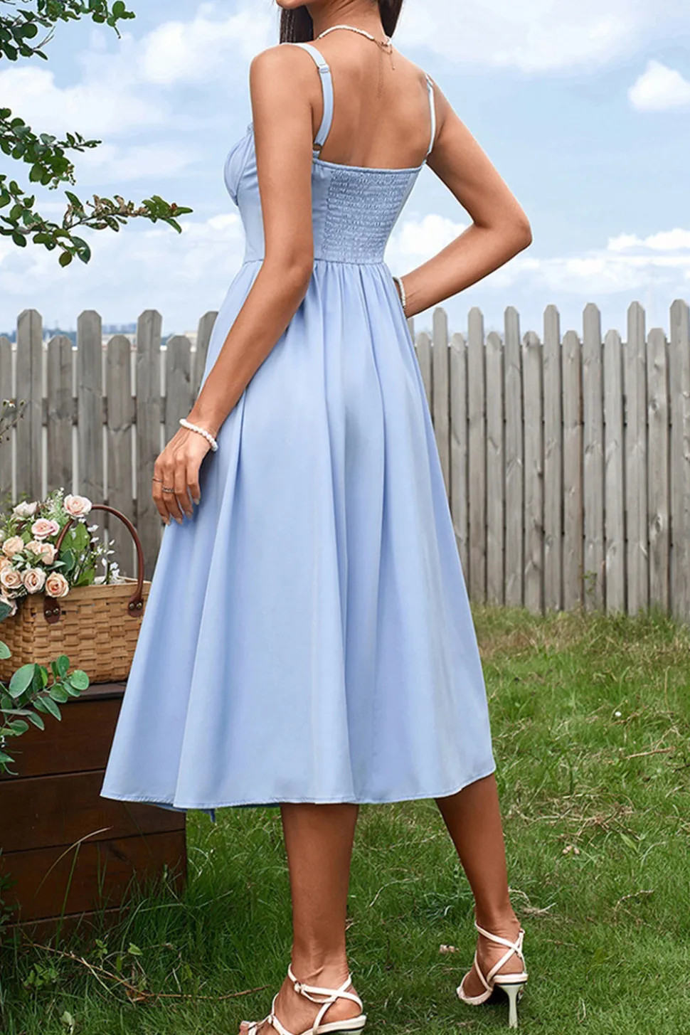 Azul Linha-A Espartilho Midi Vestido de Verão com Fenda