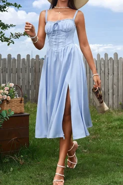 Azul Linha-A Espartilho Midi Vestido de Verão com Fenda