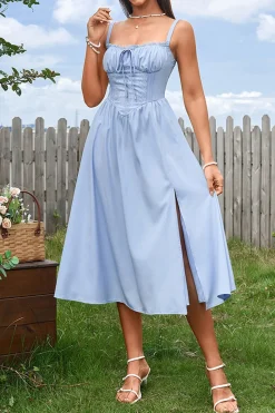 Azul Linha-A Espartilho Midi Vestido de Verão com Fenda