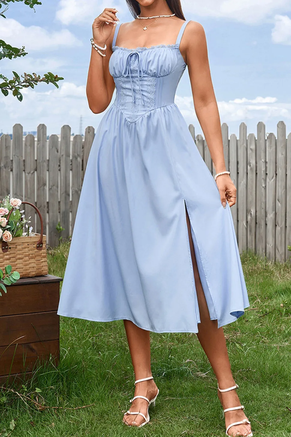Azul Linha-A Espartilho Midi Vestido de Verão com Fenda