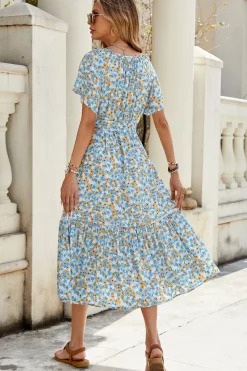 Azul Linha-A Floral Mangas Curtas Longos Vestido Verão