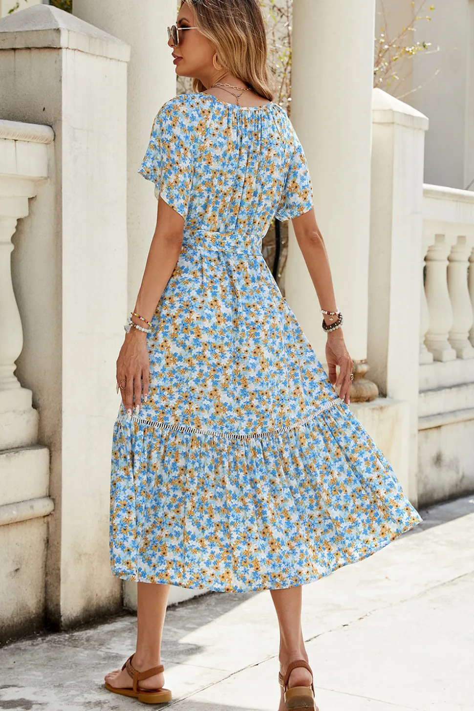 Azul Linha-A Floral Mangas Curtas Longos Vestido Verão