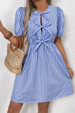 Azul Linha-A Pescoço Redondo Mangas Curtas Curto/Mini Vestido Verão