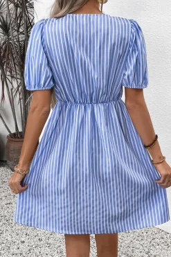 Azul Linha-A Pescoço Redondo Mangas Curtas Curto/Mini Vestido Verão