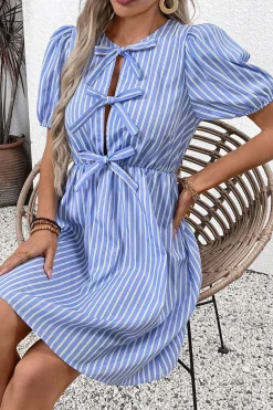 Azul Linha-A Pescoço Redondo Mangas Curtas Curto/Mini Vestido Verão