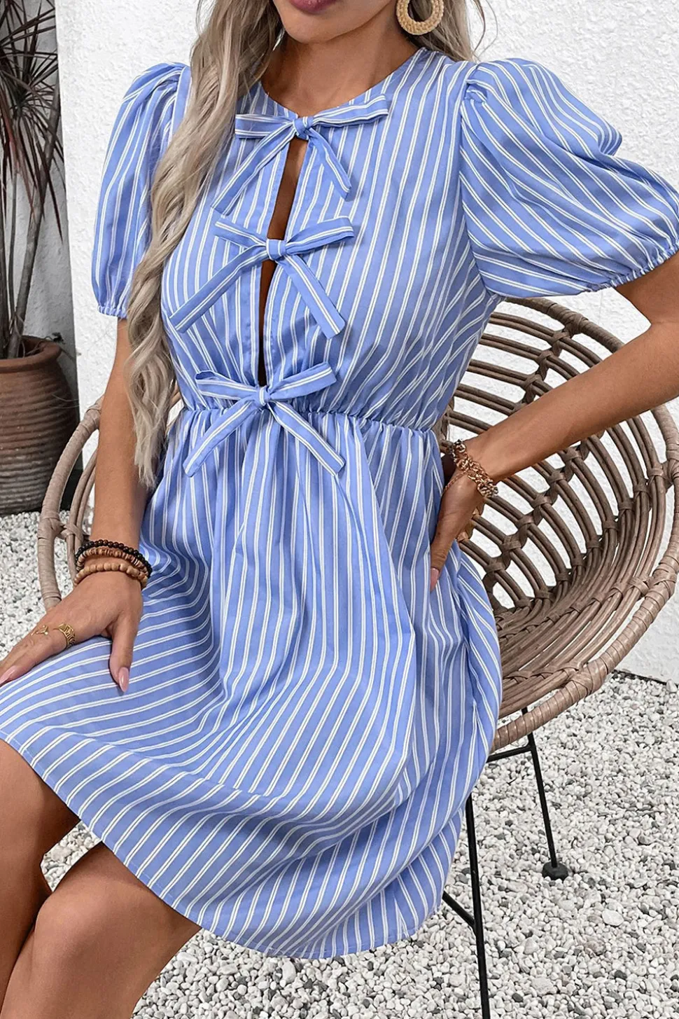 Azul Linha-A Pescoço Redondo Mangas Curtas Curto/Mini Vestido Verão