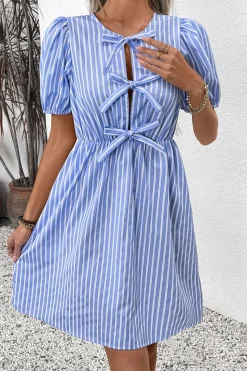 Azul Linha-A Pescoço Redondo Mangas Curtas Curto/Mini Vestido Verão