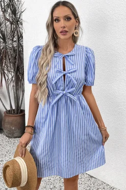 Azul Linha-A Pescoço Redondo Mangas Curtas Curto/Mini Vestido Verão