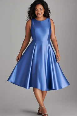 Azul Linha-A Tamanhos Grandes Pescoço Redondo Midi Vestido Mae Noiva