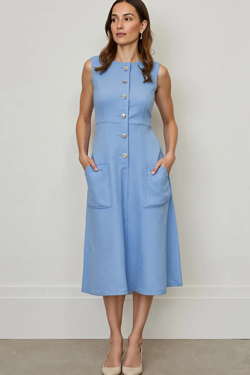 Azul Lápis Decote Redondo Sem Mangas Midi Vestido Trabalho