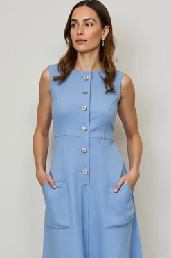 Azul Lápis Decote Redondo Sem Mangas Midi Vestido Trabalho