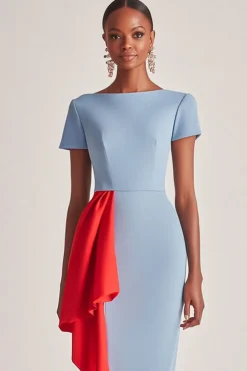 Azul Mangas Curtas Bainha Cetim Chá Comprimento Mãe do Vestido da Noiva