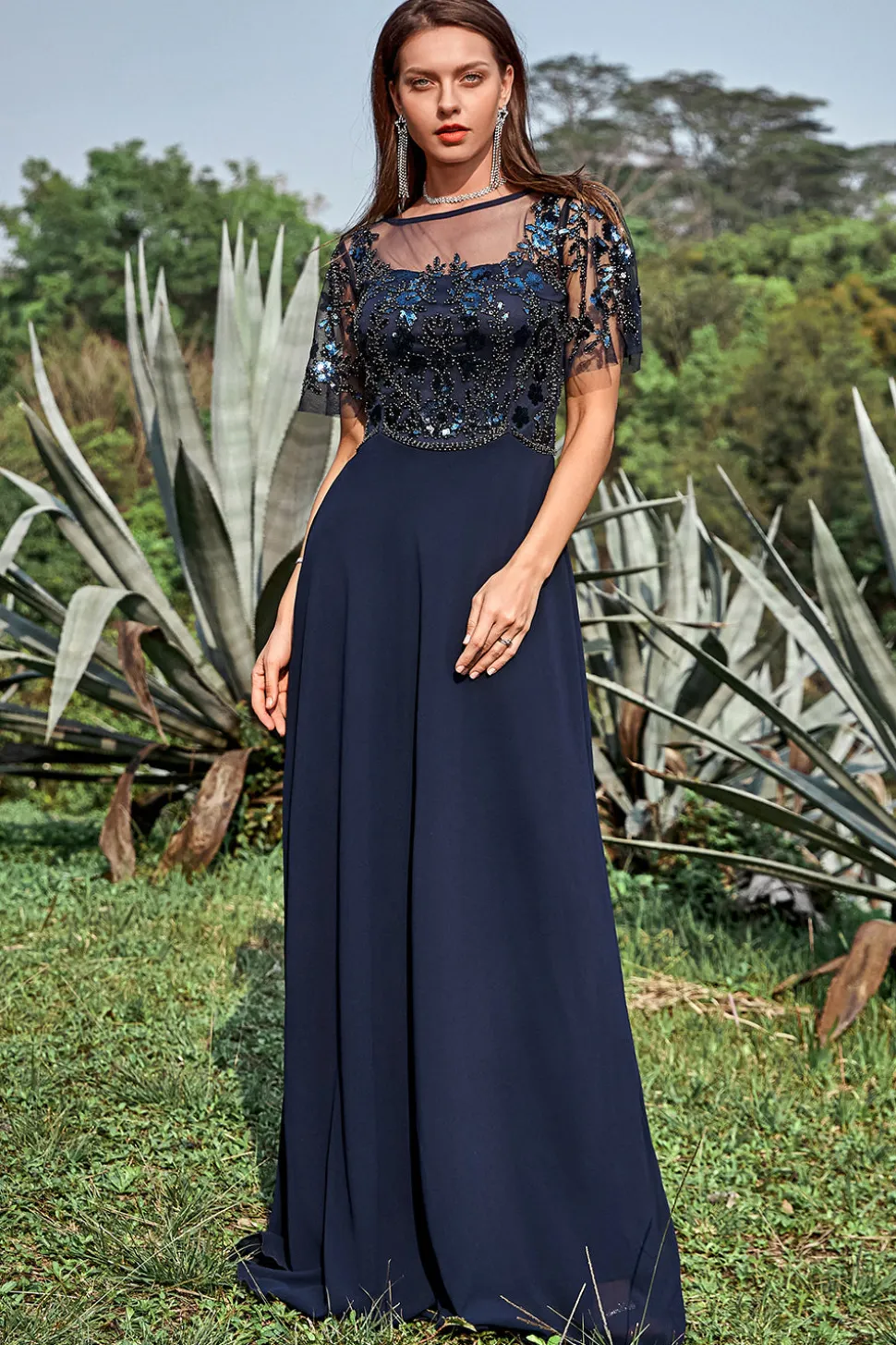 Azul Marinha Appliques Lantejoulas Vestido Mãe de Noiva