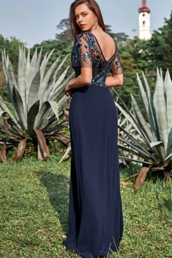 Azul Marinha Appliques Lantejoulas Vestido Mãe de Noiva