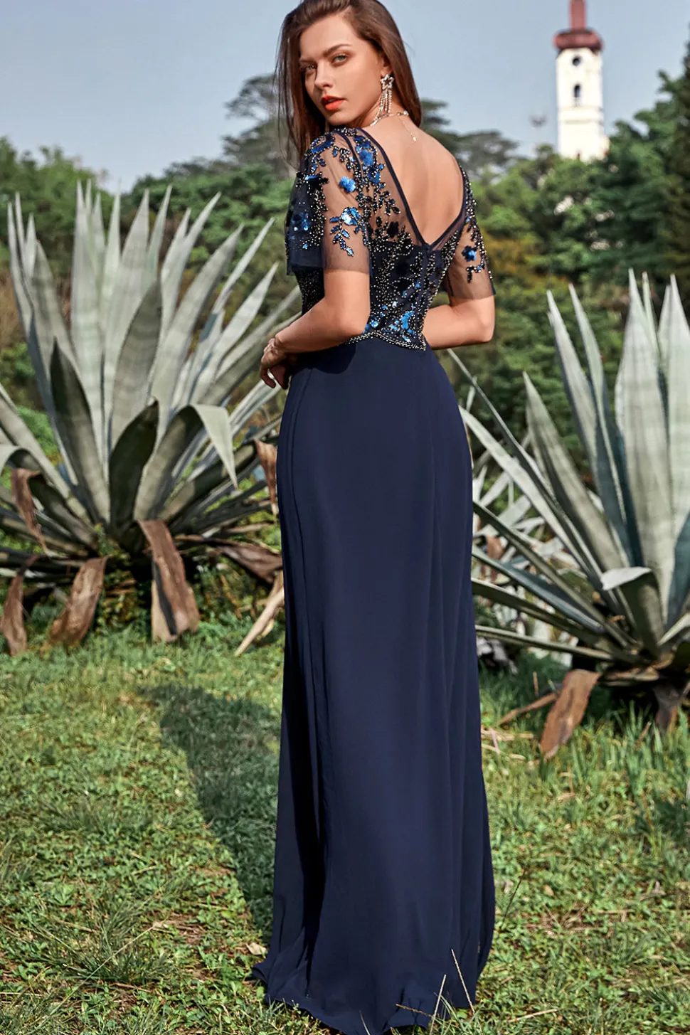 Azul Marinha Appliques Lantejoulas Vestido Mãe de Noiva