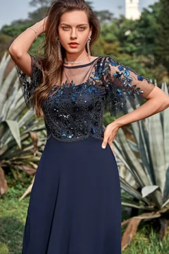 Azul Marinha Appliques Lantejoulas Vestido Mãe de Noiva