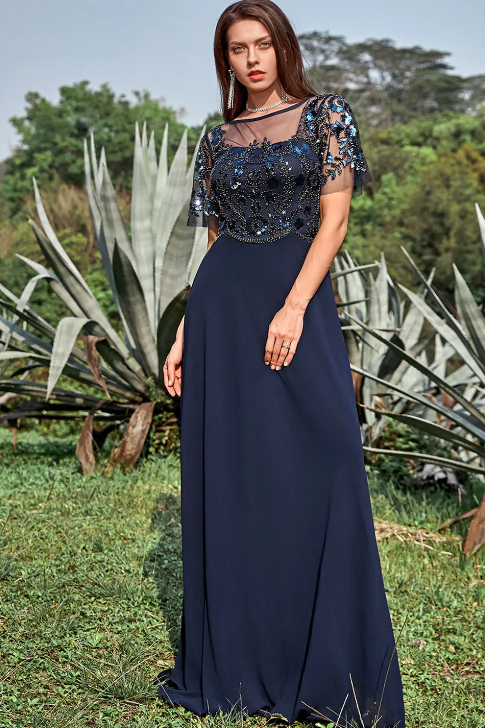 Azul Marinha Appliques Lantejoulas Vestido Mãe de Noiva