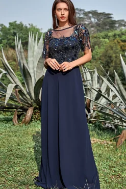 Azul Marinha Appliques Lantejoulas Vestido Mãe de Noiva