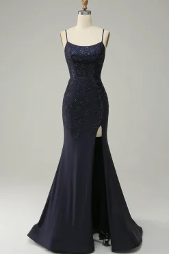 Azul Marinha Cintas de Espaguete Vestido de Festa