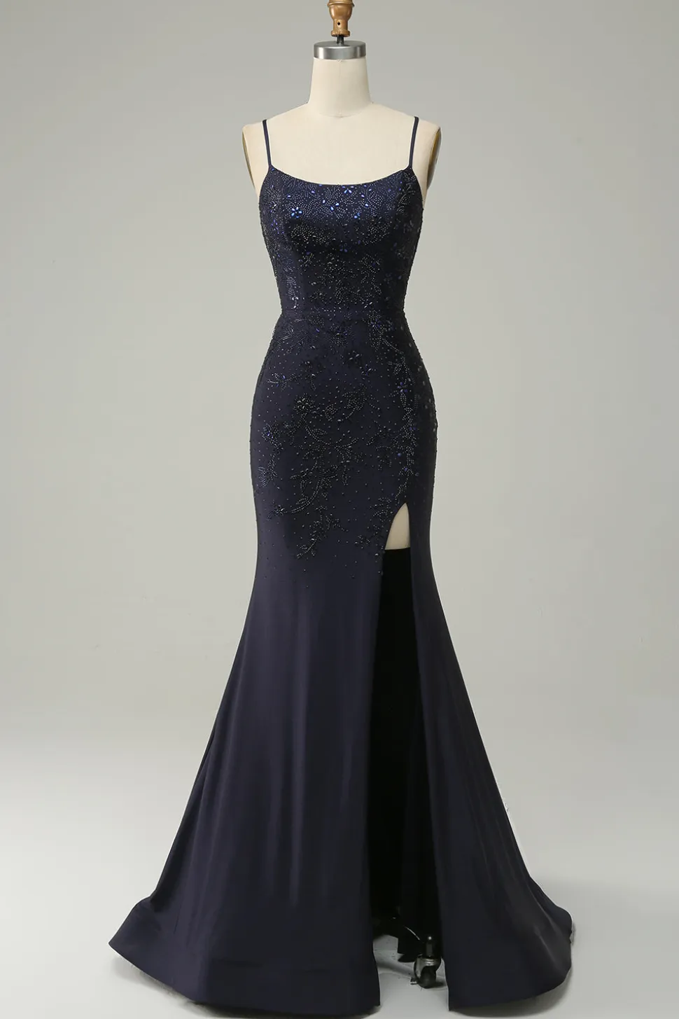 Azul Marinha Cintas de Espaguete Vestido de Festa