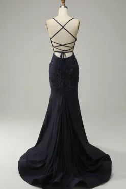 Azul Marinha Cintas de Espaguete Vestido de Festa