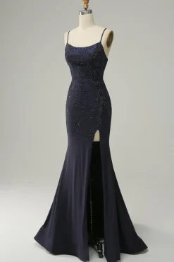 Azul Marinha Cintas de Espaguete Vestido de Festa