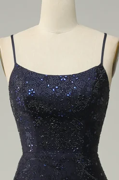 Azul Marinha Cintas de Espaguete Vestido de Festa