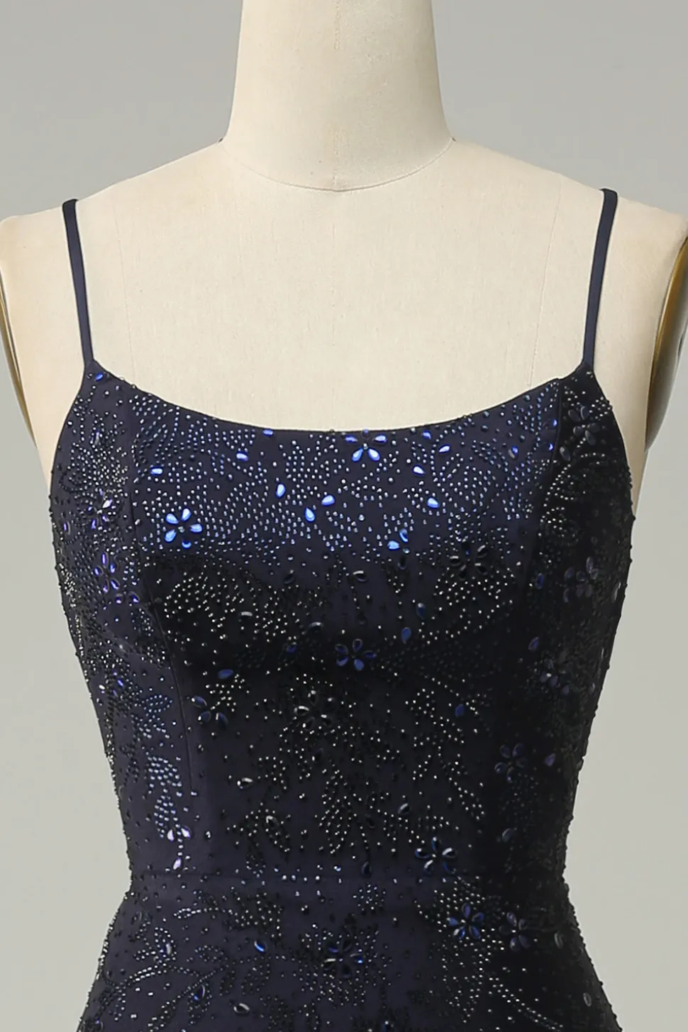 Azul Marinha Cintas de Espaguete Vestido de Festa