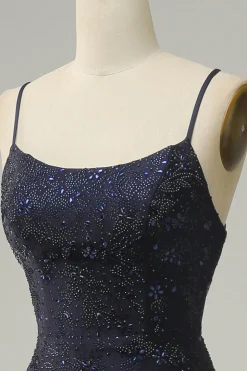 Azul Marinha Cintas de Espaguete Vestido de Festa